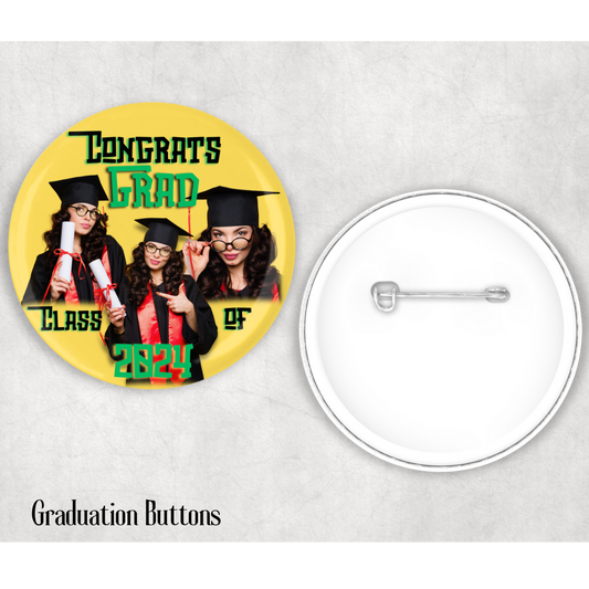Customizable graduation-themed pin button featuring a bright yellow design with modern typography, personalized with three images of a graduate and the inscription ‘Class of 2024’. This pin can be customized to any color, and users can add any photo, quote, or name of their choice to create a unique keepsake.