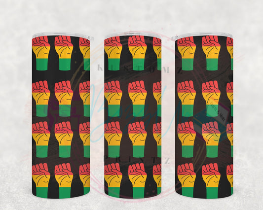 A 20-ounce skinny stainless steel tumbler with a black background featuring a continuous design of an African-American-inspired fist colored in red, yellow, and green. This powerful and vibrant representation of African heritage is perfect for holding both hot and cold beverages, complete with a straw lid and non-skid bottom for practical daily use.
- BozzUp Kustomz