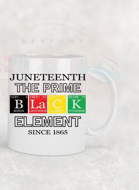 An 11-ounce or 15-ounce ceramic mug featuring a unique design that simulates an elements chart with the word ‘BLACK’ and correlating elements, in celebration of Juneteenth. The design represents African American culture and heritage, offering an option for personalization to add a name, making it a special keepsake or gift.
- BozzUp Kustomz