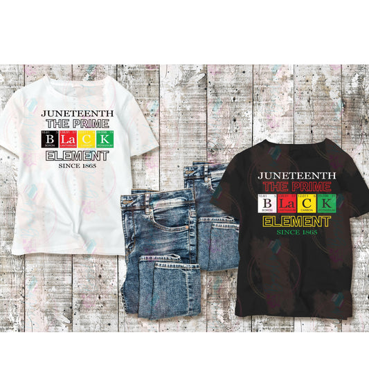 A t-shirt featuring a unique design that resembles an elements chart, including the word ‘BLACK’ and correlating symbolic elements to celebrate Juneteenth and African American heritage.