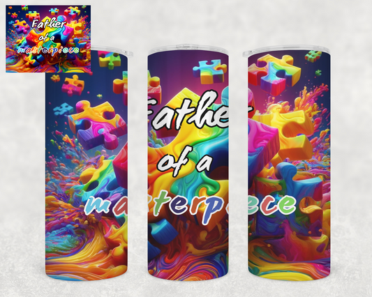 Autism Awareness Tumblers- "Father of a Masterpiece" Puzzle Piece design Drink Tumbler-Autism Drinkware