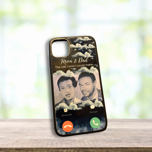 Memorial-themed cell phone case featuring a simulated FaceTime call screen with a photo of a loved one who has passed away and the words ‘The phone call I wish I could make.’ The design is a heartfelt tribute for remembrance.