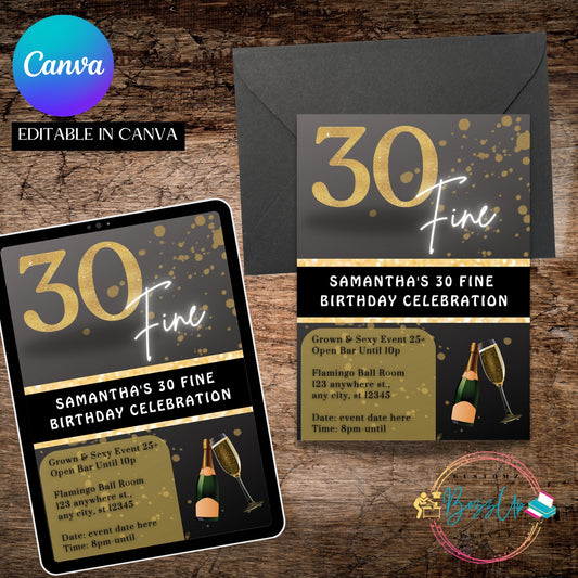 30 Fine Gold Birthday Invitation-Editable Template - BozzUp Kustomz